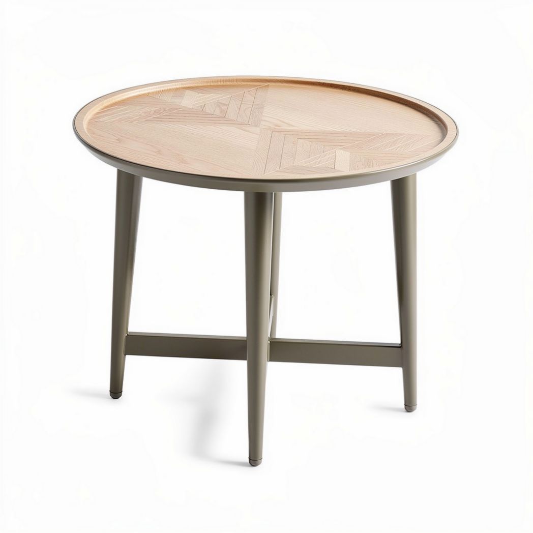 Wooden round coffee table with metal legs and a decorative tray design 60 x 60 x 45cm