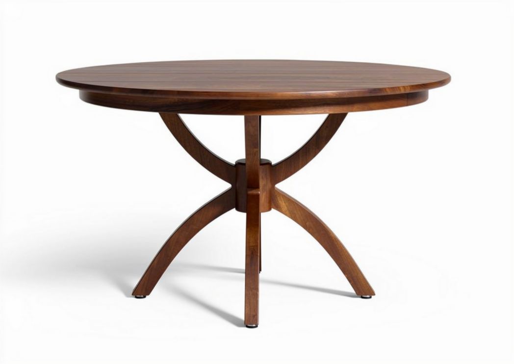 Round wooden dining table with tapered legs and a walnut finish 120 cm