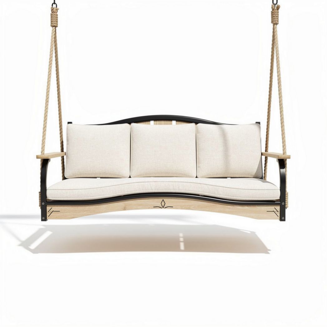 Swinging loveseat in beige fabric and natural wood 180 x 80 x 60cm