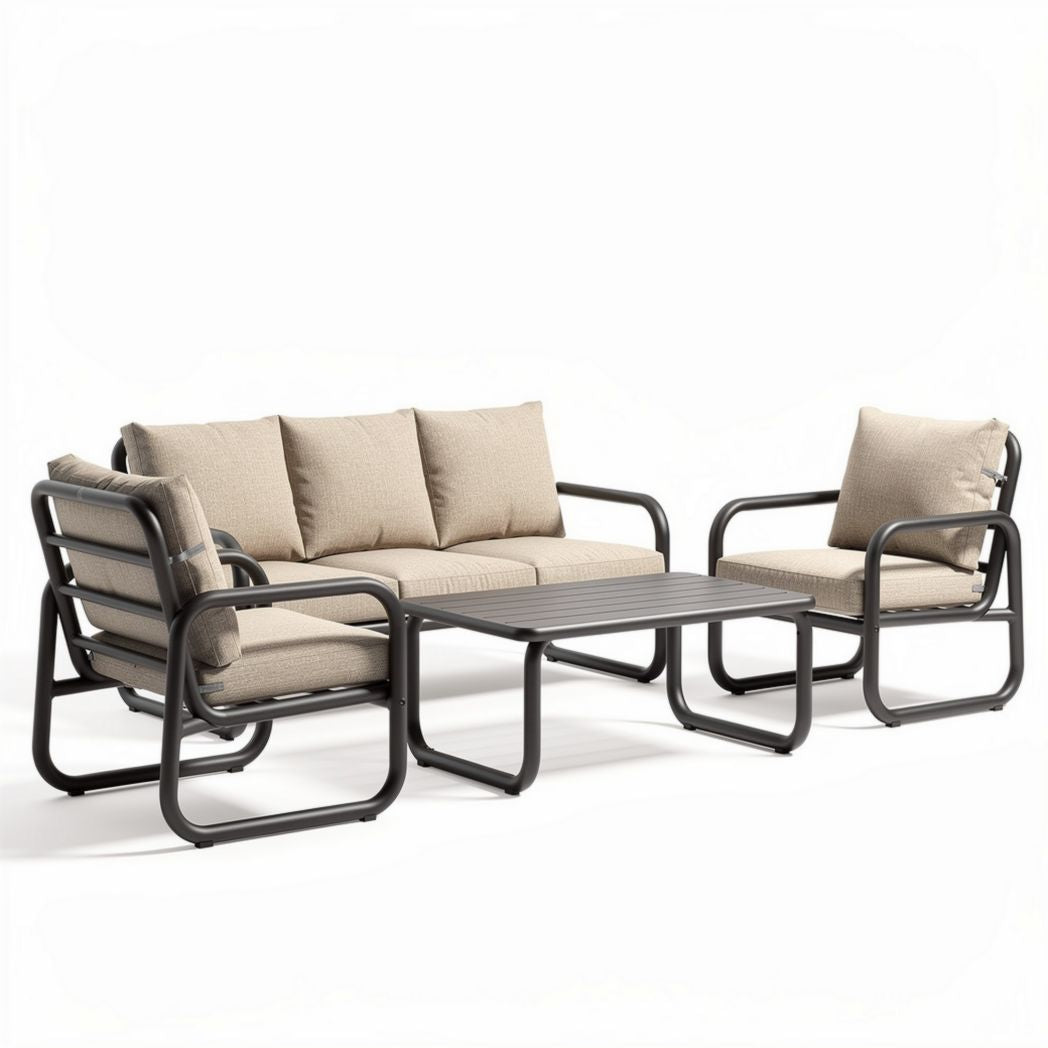 Outdoor metal frame sofa set with cushions in beige color 200 x 80 x 70cm