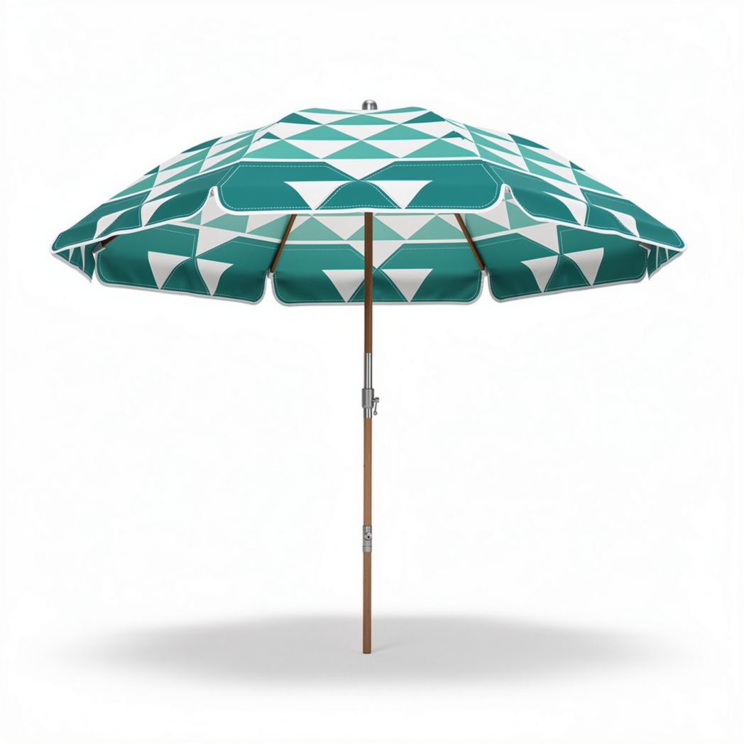 Outdoor beach umbrella with geometric pattern in teal and white 200cm
