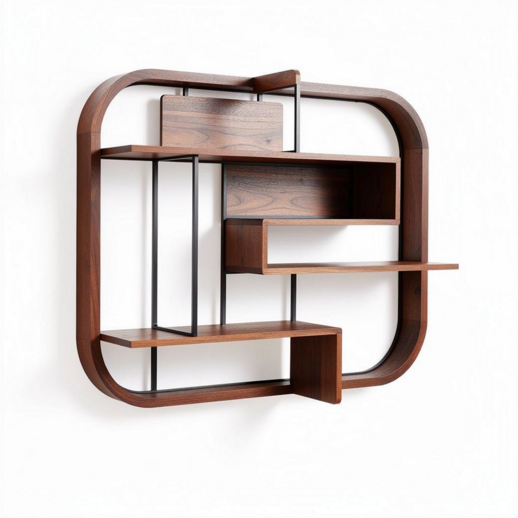 Wooden wall shelf with metal frame for storage and display 60 x 60 x 15cm