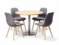 Round dining table set with four upholstered chairs in gray fabric 120 x 120 x 75cm