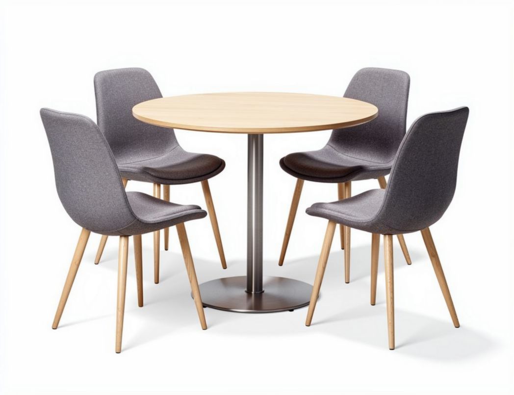 Round dining table set with four upholstered chairs in gray fabric 120 x 120 x 75cm