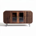 Walnut wood sideboard with glass doors and metal legs 120 x 40 x 75cm