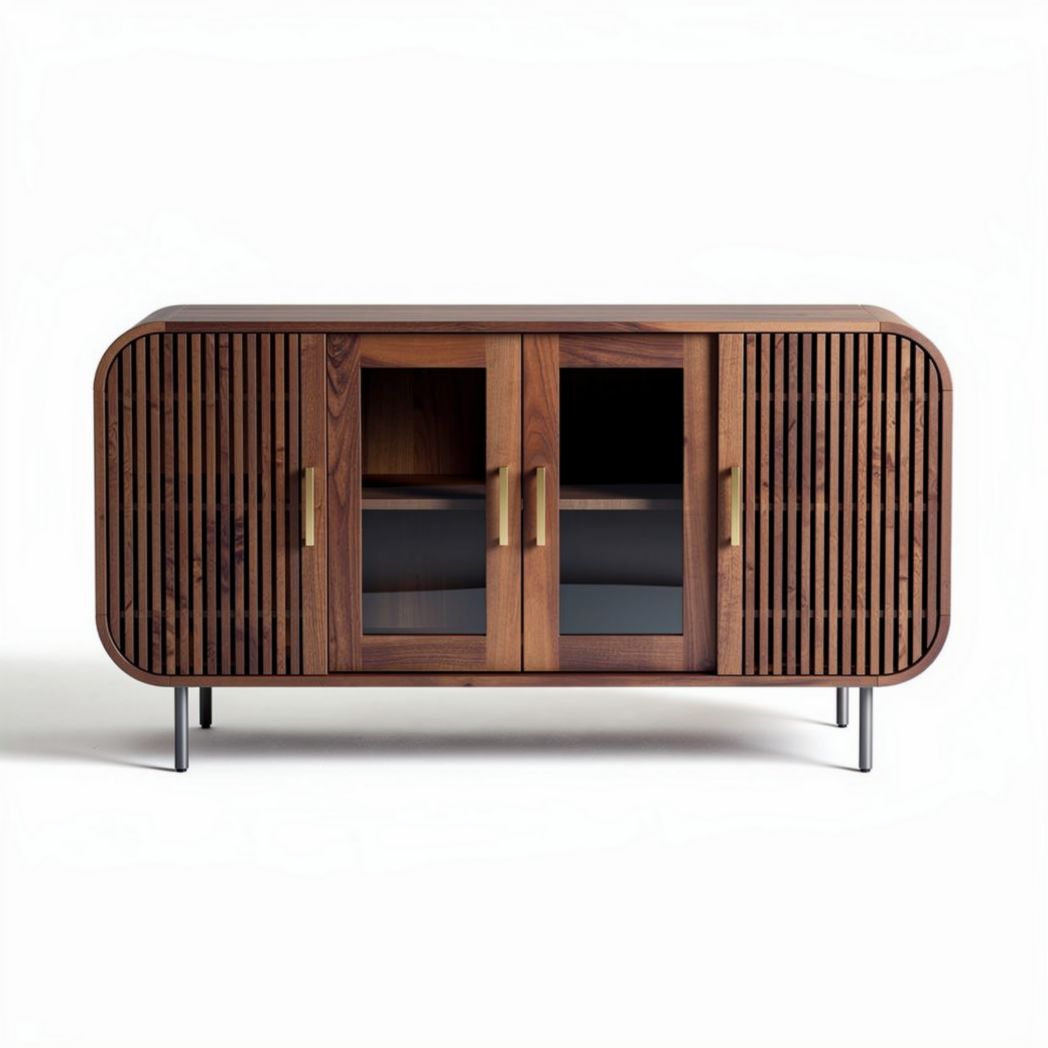 Walnut wood sideboard with glass doors and metal legs 120 x 40 x 75cm