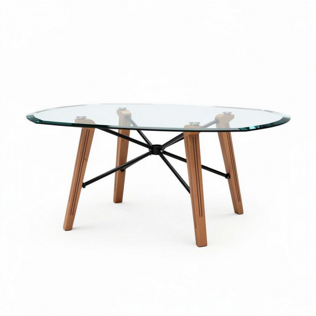 Oval glass coffee table with wooden legs and metal frame 100 x 60 x 40cm
