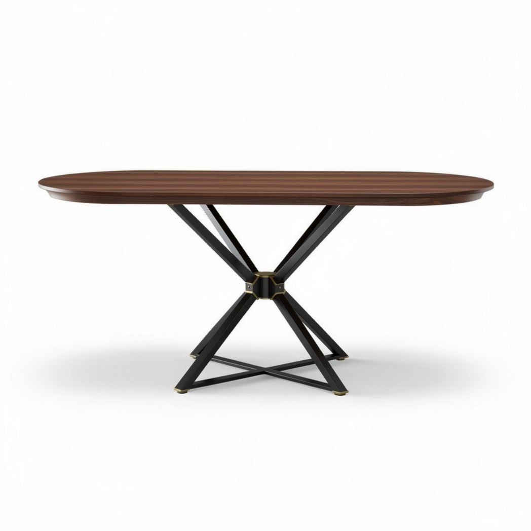 Oval dining table with walnut veneer top and black metal base 180 x 90 x 75cm