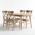 Wood dining table set with four upholstered chairs in natural finish 150 x 75 x 75cm