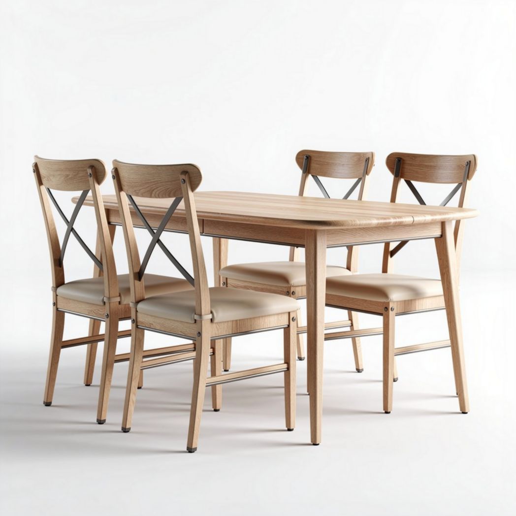 Wood dining table set with four upholstered chairs in natural finish 150 x 75 x 75cm